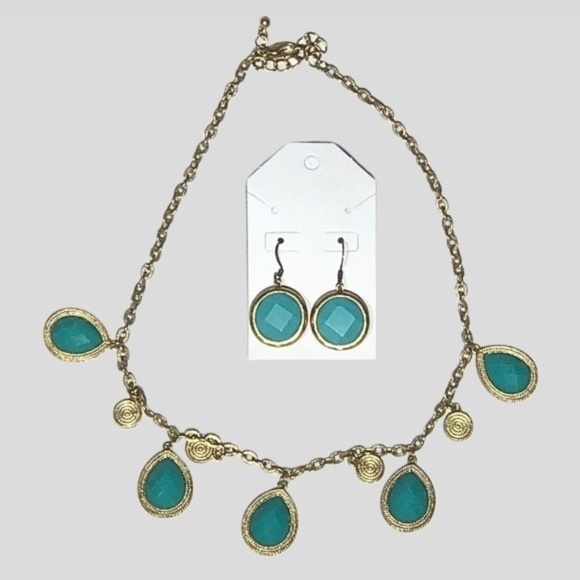 Teardrop Charm Necklace and Earrings Set Gold Turquoise - Picture 1 of 5